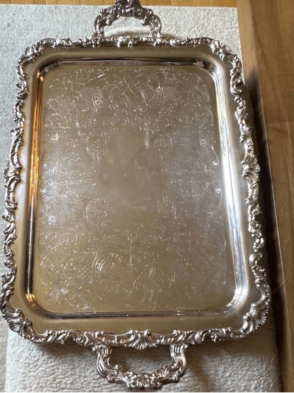 Ascot Sheffield Silverplate Serving Tray Platter w/ Handles, Ornate Floral Rim